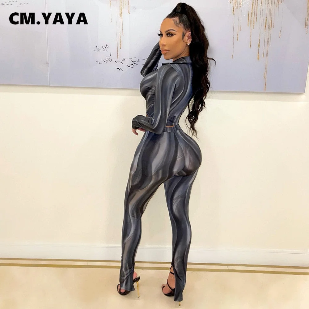 CM.YAYA Spring Winter Wave Striped Women Two 2 Piece Set Outfits Tie Up Mini Shirts and Legging Pants Set Street Sport Tracksuit
