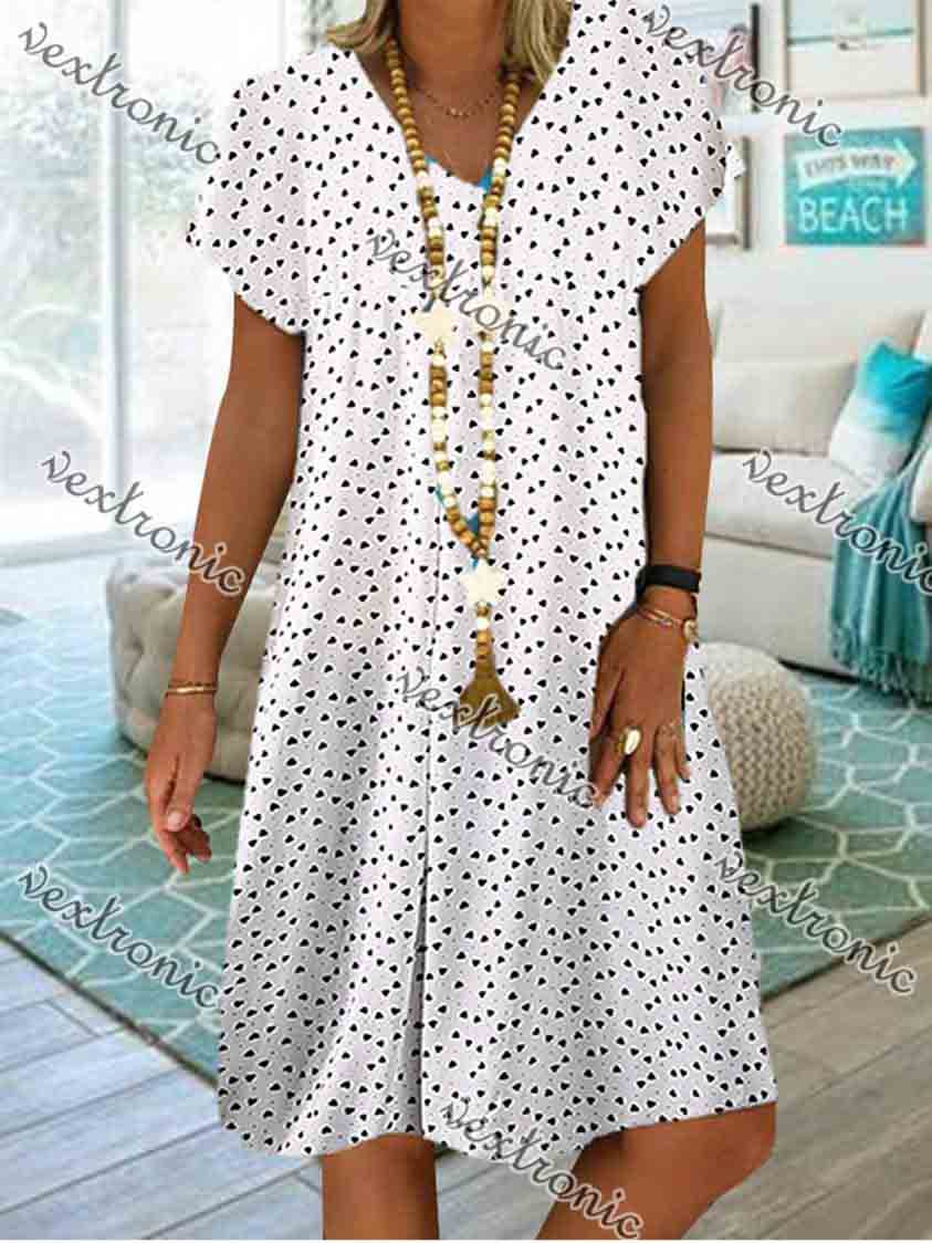 Women Casual Short Sleeve V-neck Polka Dot Heart-shaped Midi Dress