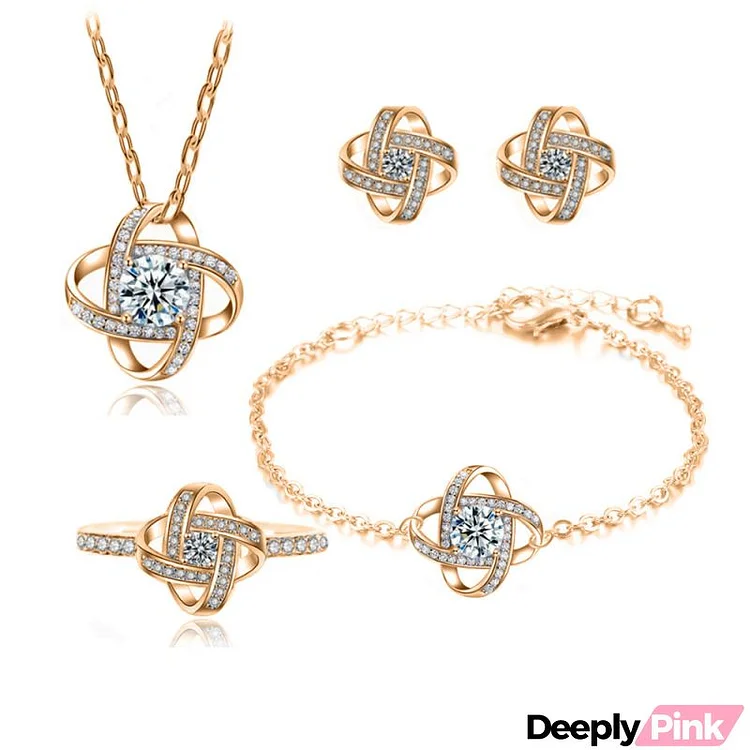 Women Fashion Zircons Hollow Four-Leaf Clover Stud Earrings Ring Bracelet Necklace Jewelry Set