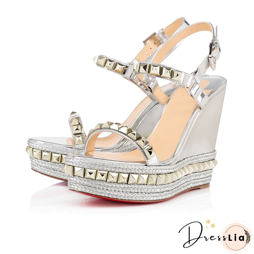 Rivet Wedges Sandals Waterproof Super High Heel Summer Women Shoes Ankle Buckle Round Open Toe Cut Out Silver Sandals