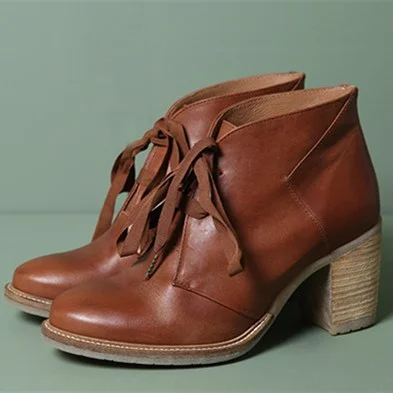 Tan Vintage Lace-up Chunky Heeled Round Toe Boots Vdcoo