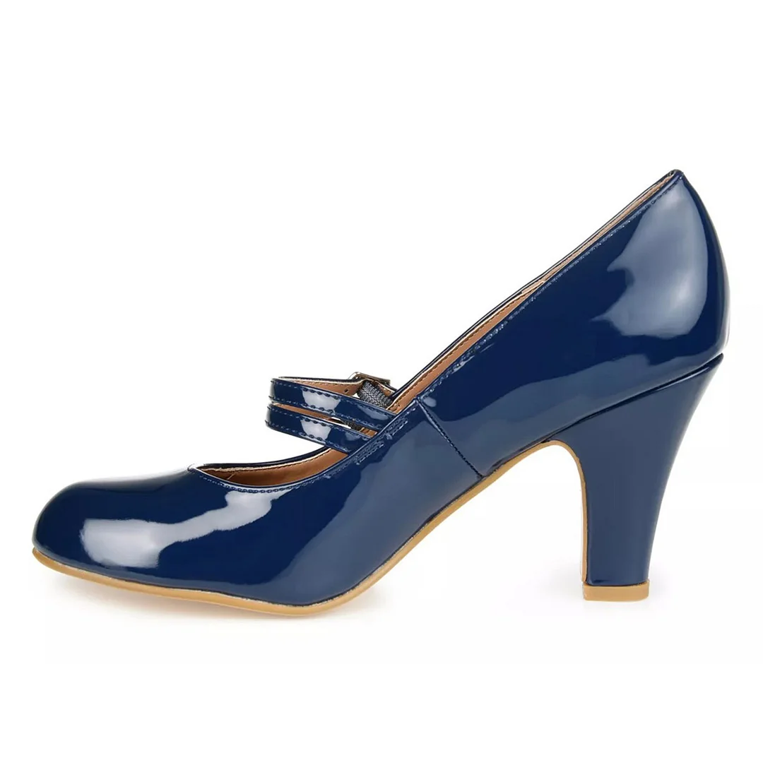 Navy Cute Round Toe Double Buckle Strap Chunky Heeled Mary Janes