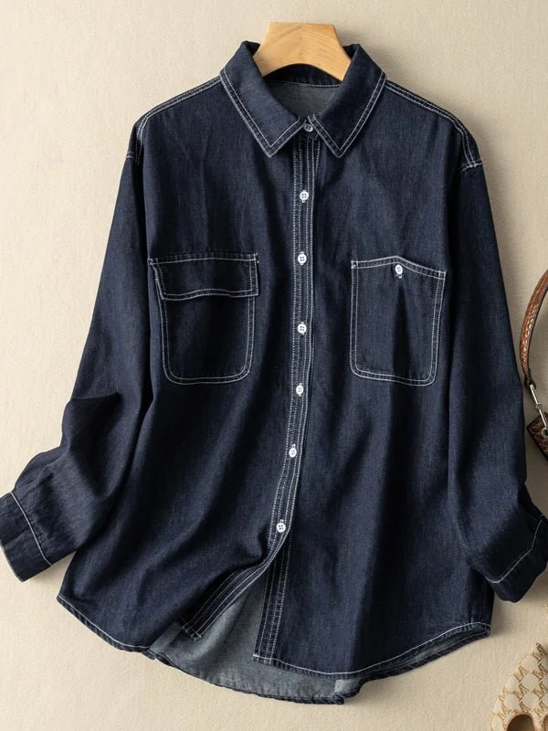 Denim Retro Loose Versatile Shirt In Navy With Pockets