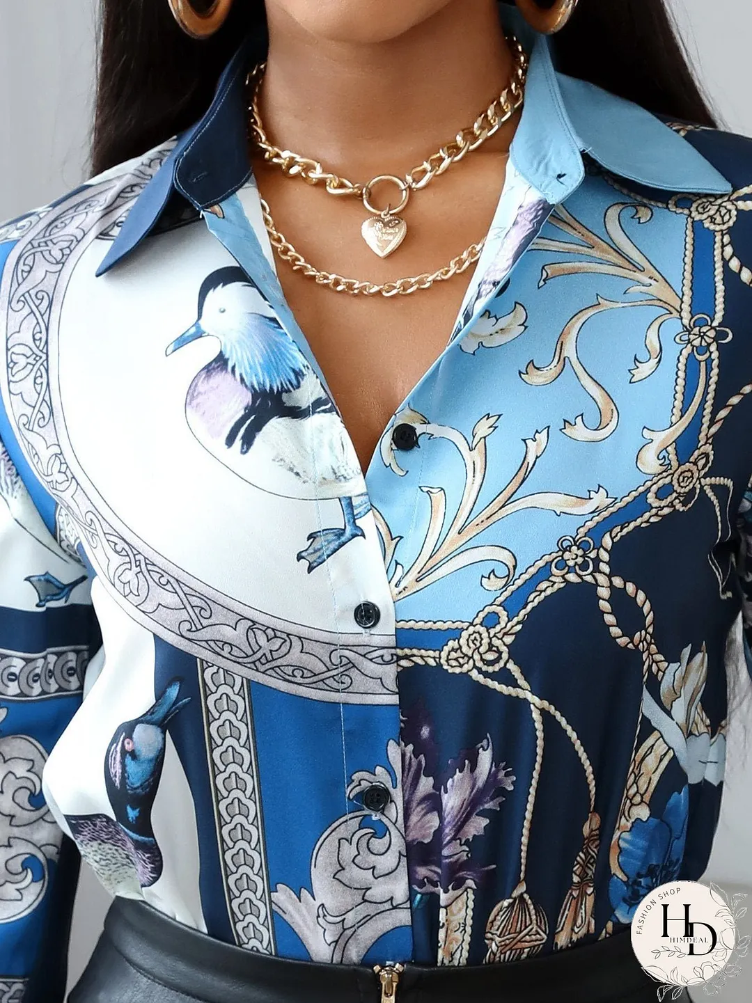 Bird Scarf Print Long Sleeve Shirt