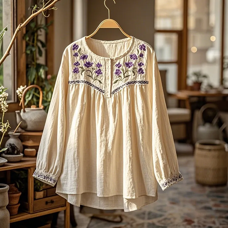 Women's Purple Flowers Embroidery Vintage Linen Long Sleeve Shirt