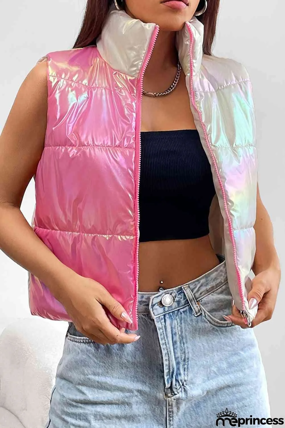 Turtleneck Color Block Sleeveless Vest