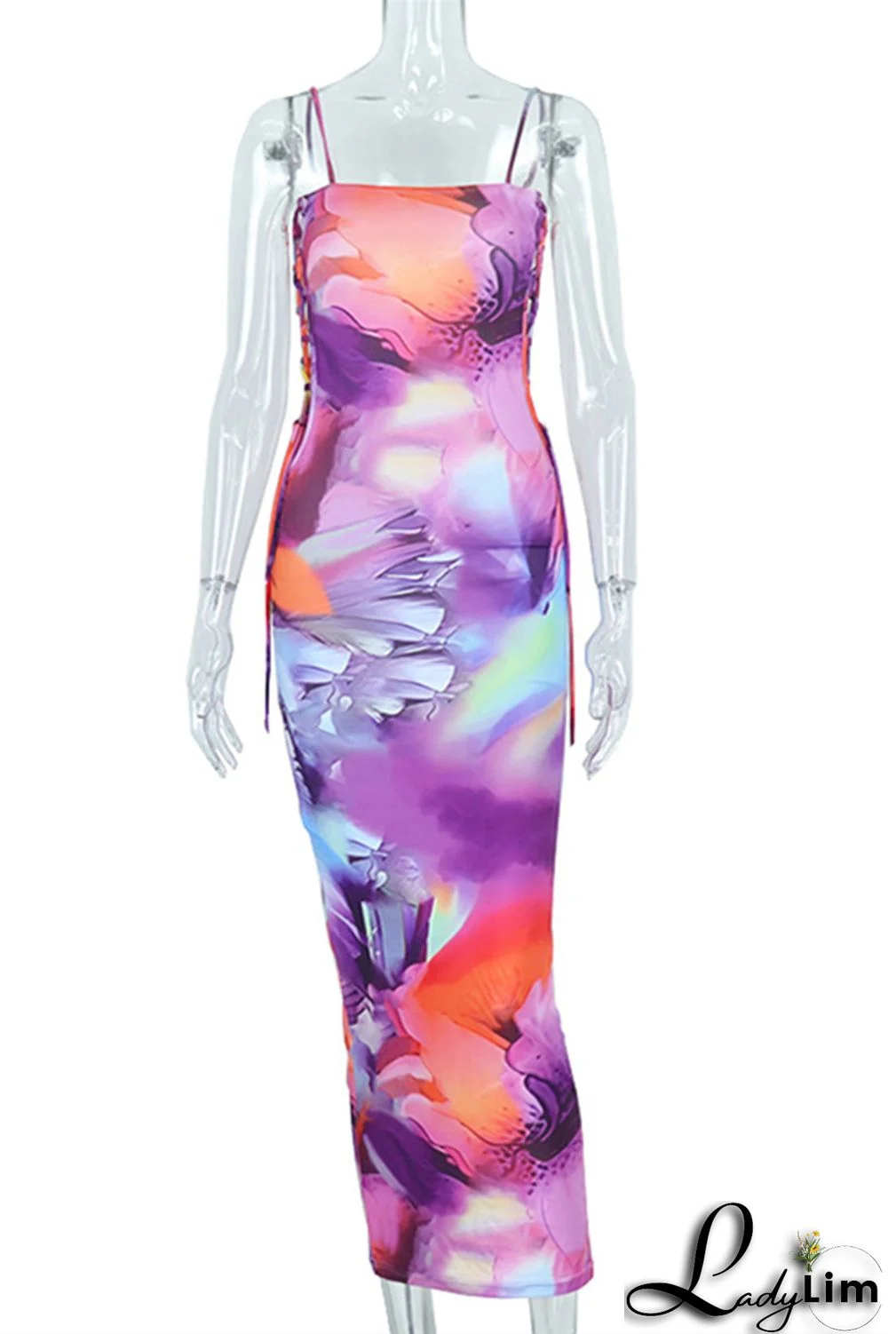 Colour Fashion Sexy Print Bandage Backless Spaghetti Strap Long Dress Dresses