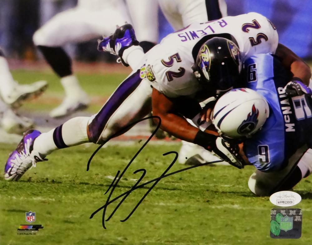 Ray Lewis Signed Baltimore Ravens 8x10 Tackling McNair Photo Poster painting- JSA W Auth *Black