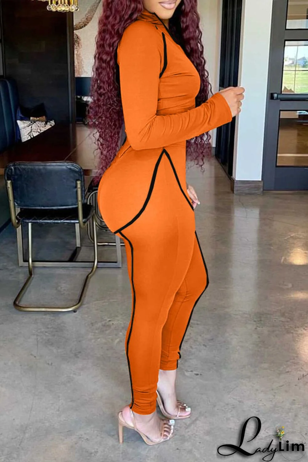 Tangerine Red Casual Solid Patchwork Asymmetrical Zipper Zipper Collar Long Sleeve Two Pieces