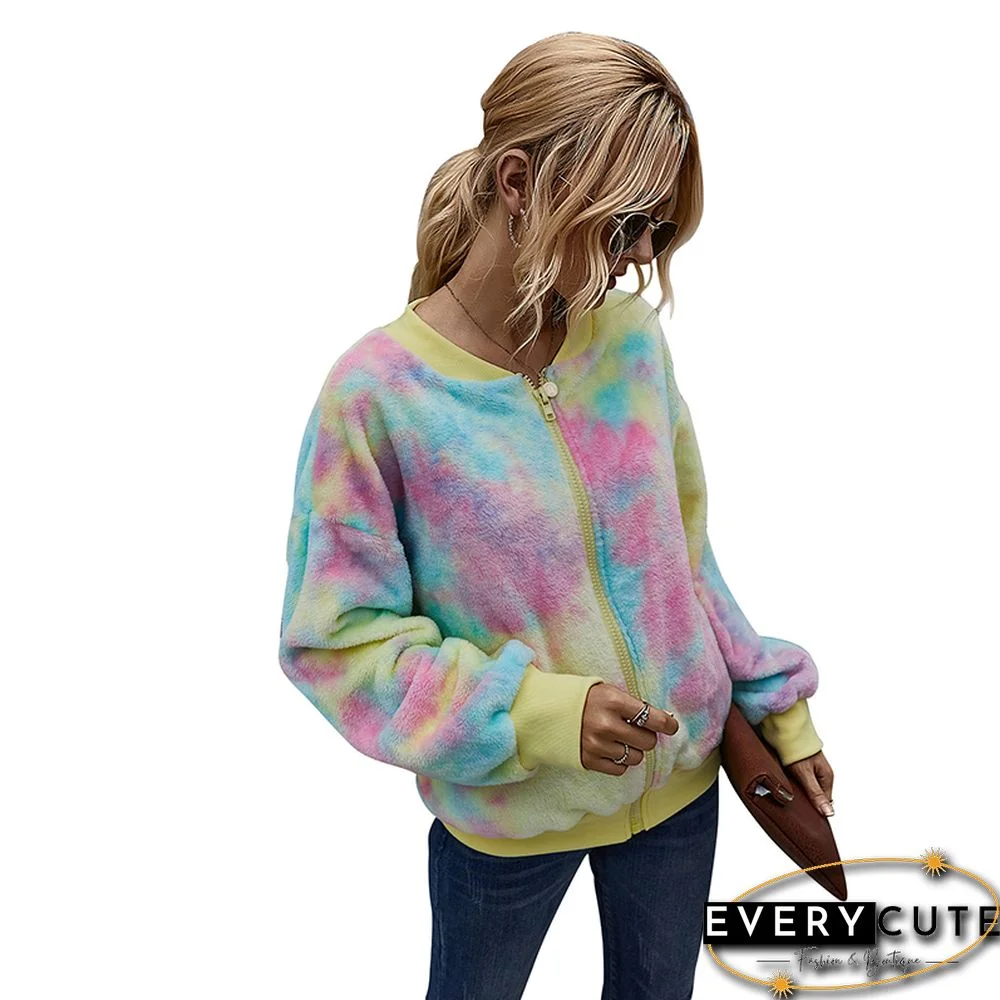 Yellow Zipper Up Tie Dye Print Plush Coat