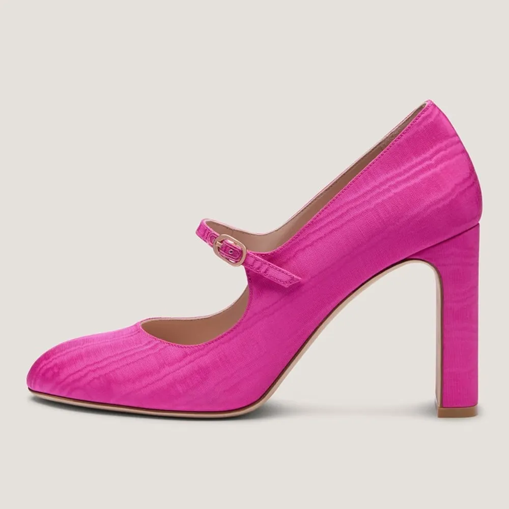 Fuchsia Fabric Block Heel Round Toe Mary Jane Shoes for Women
