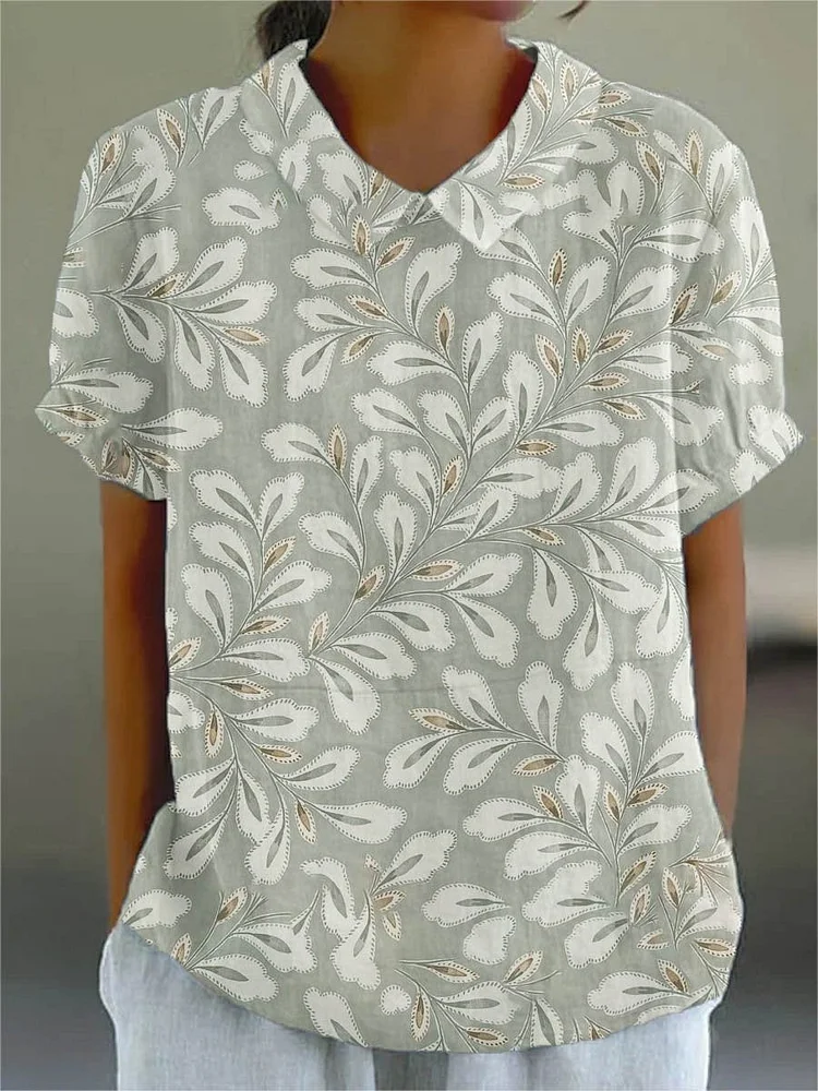 Women's Flower And Leaf Art Pattern Print Casual Cotton And Linen Shirt