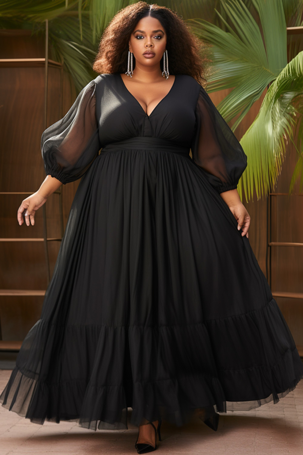 Design Plus Size Semi Formal Black V Neck Lantern Sleeve 3/4 Sleeve Contrast Pleated Chiffon Maxi Dresses [Pre-Order]