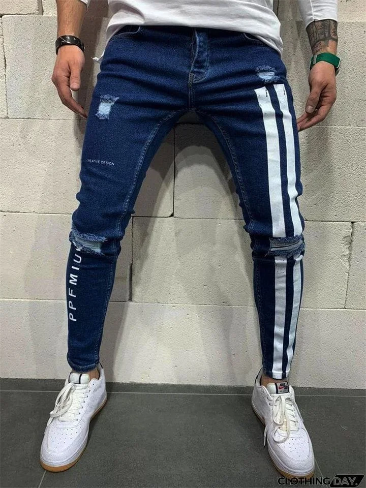 Men's Sport Slim Fit Print Ripped Jeans