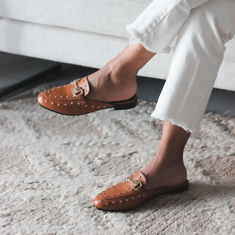 YDN Brown Round Toe Comfort Slip On Mule Loafers with Studded
