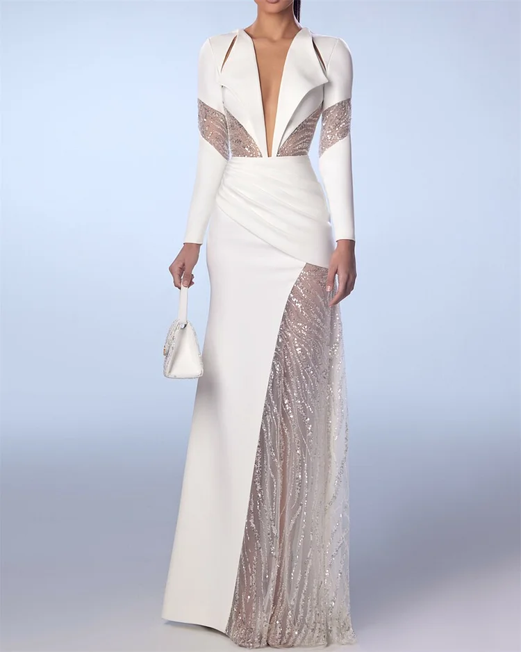 Women's White V-neck Mesh Sequin Dress