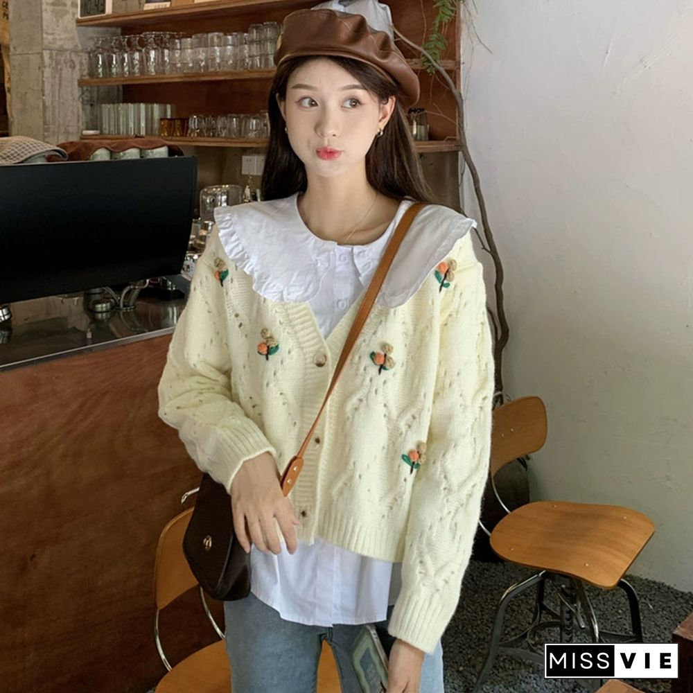 3D Blossom Decor Hollow Out V-neck Cardigan Sweater