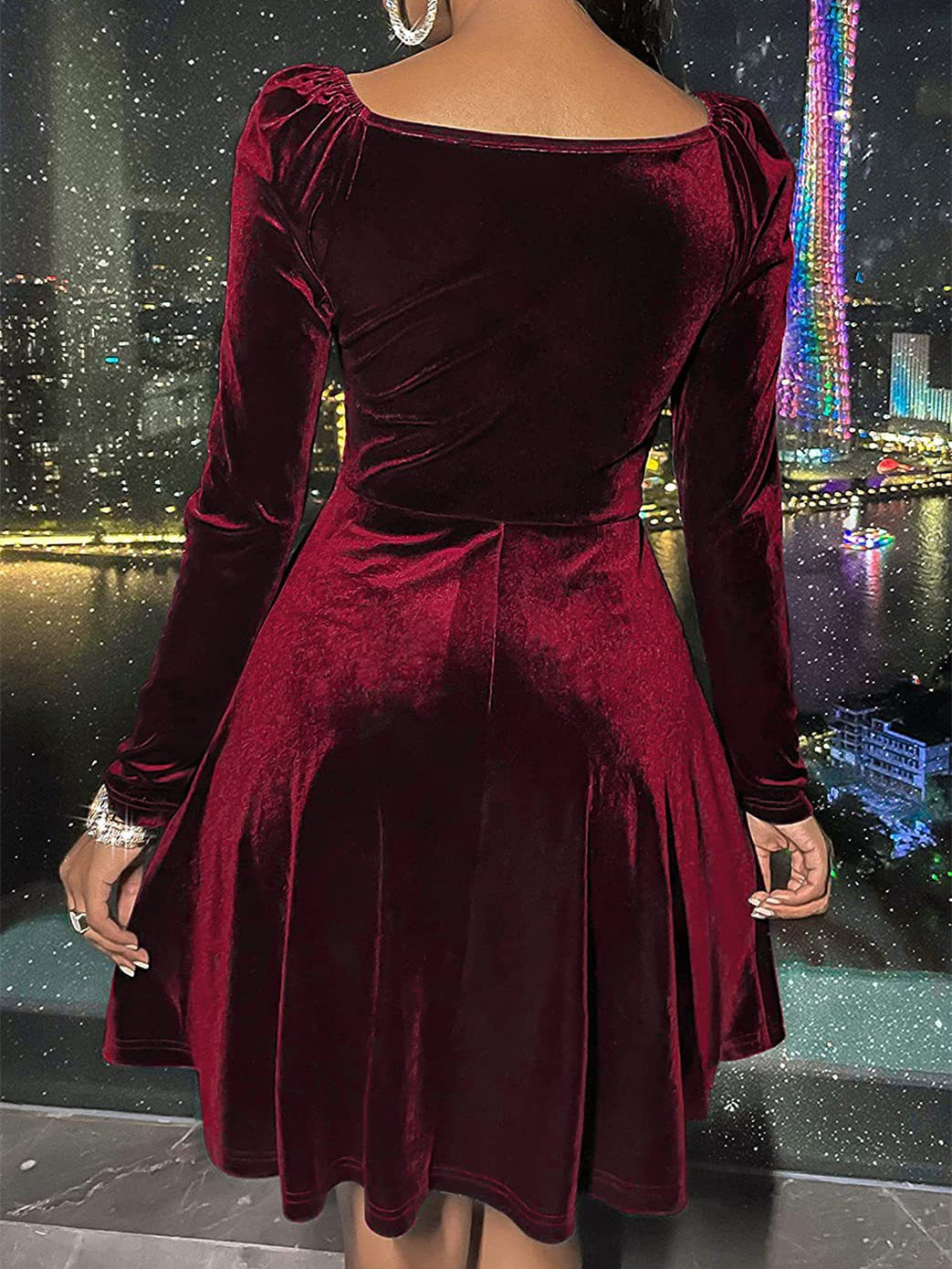 Women's Long Sleeve V-neck Solid Color Temperament Midi Dress