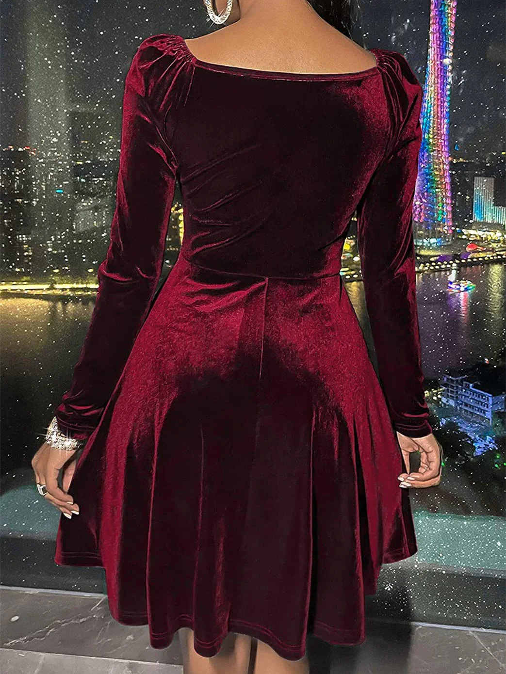 Women's Long Sleeve V-neck Solid Color Temperament Midi Dress