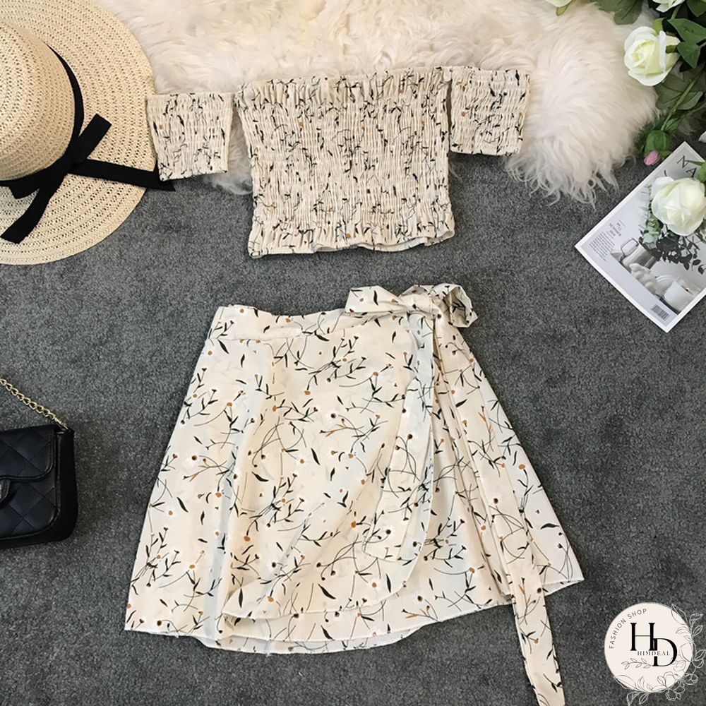 Two Piece Set Womens Sexy Summer Crop Top And Mini Skirt Off Shoulder Elastic Print Floral