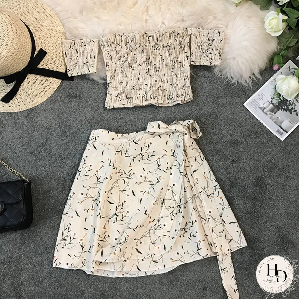 Two Piece Set Womens Sexy Summer Crop Top And Mini Skirt Off Shoulder Elastic Print Floral
