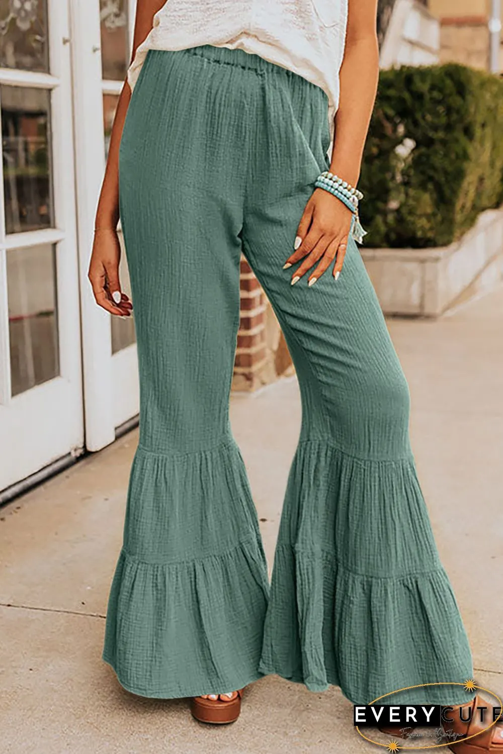 Green Textured High Waist Ruffled Bell Bottom Pants