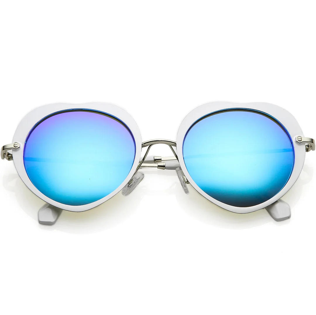 Women's Unique Heart glasses Thin Metal Arms Round Color Mirrored Lens 54mm
