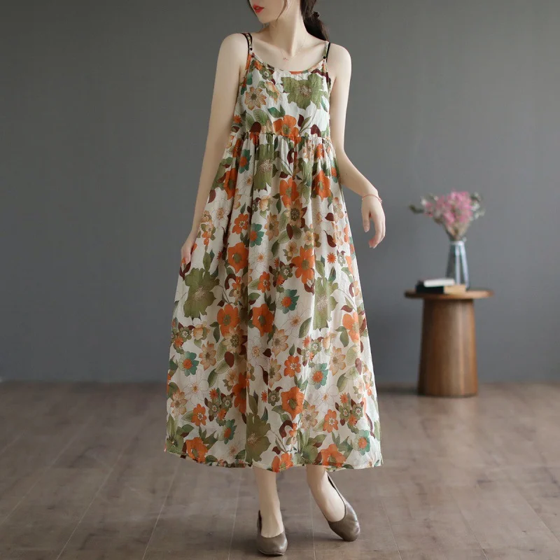 Uveng Uveng New Color Sling Dress Summer Vintage Fade Age Reduction Holiday Dress Long Show Thin Dress
