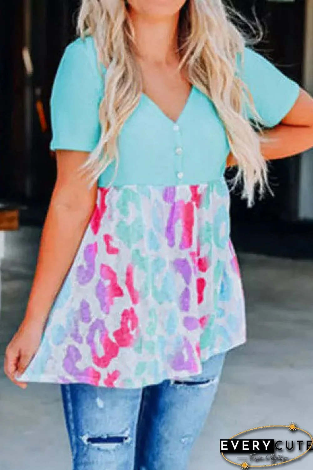 Sky Blue Leopard Color Block Buttoned V Neck T Shirt