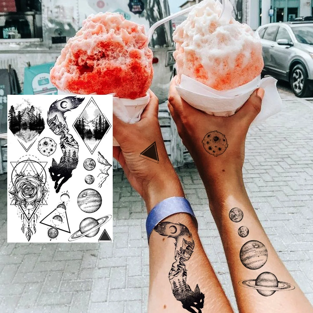 Realistic Fake Black Animal Temporary Tattoos Sticker For Men Women Geometric Wolf Outer Space Tatoo Temporary Decal For Kids