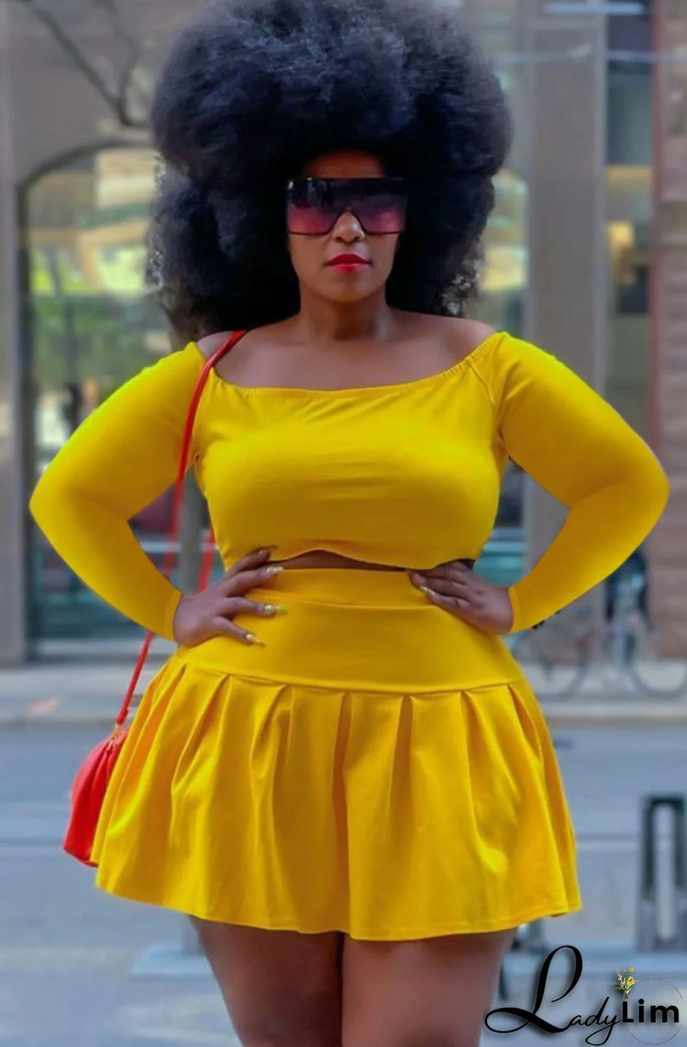 Fall Plus Size Yellow Crop Top and Pleated Skirt Set