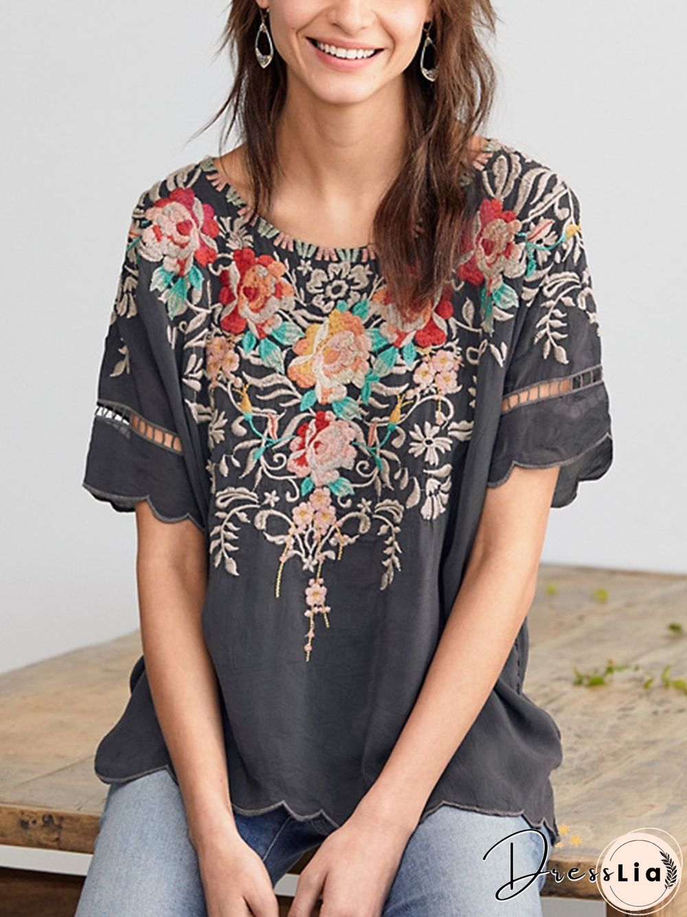 Round Neck Floral Casual Short Sleeve Summer T-shirt