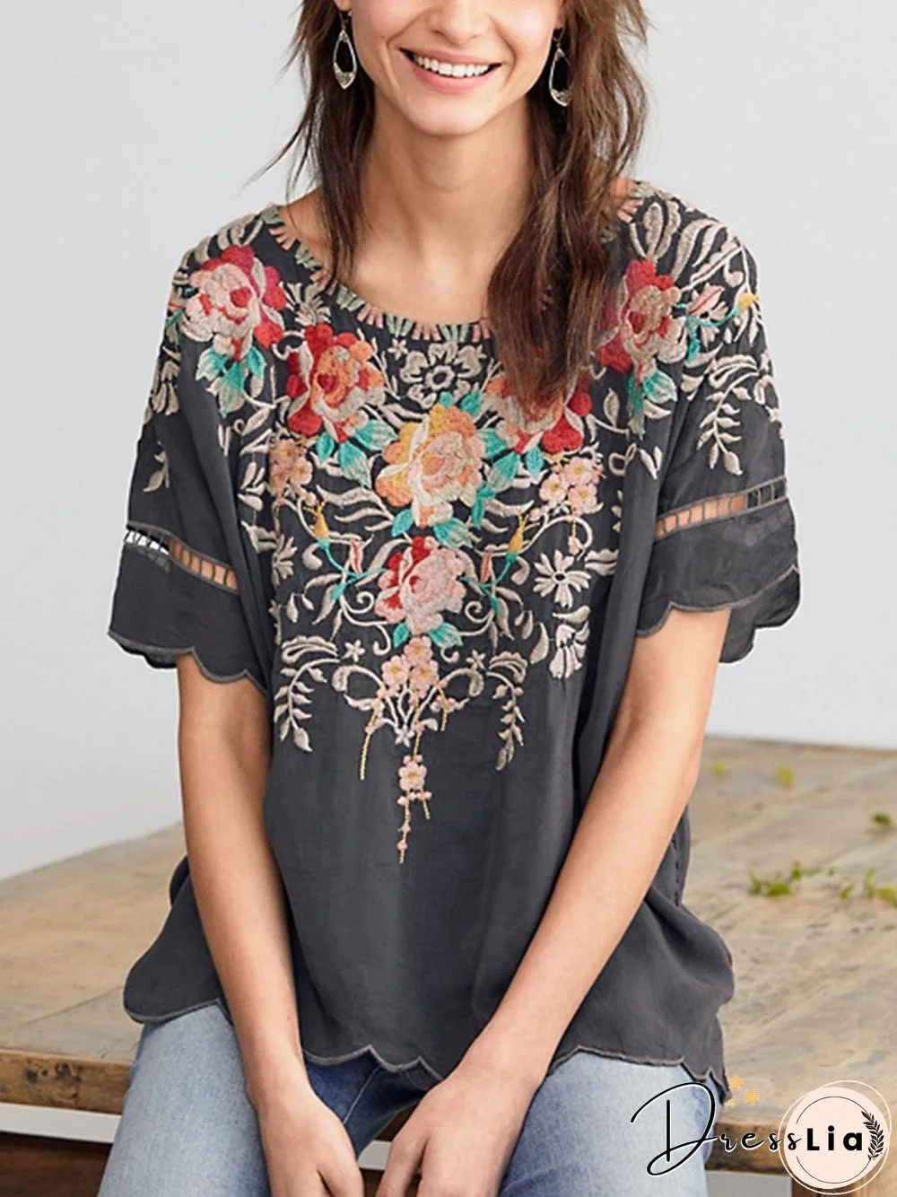 Round Neck Floral Casual Short Sleeve Summer T-shirt
