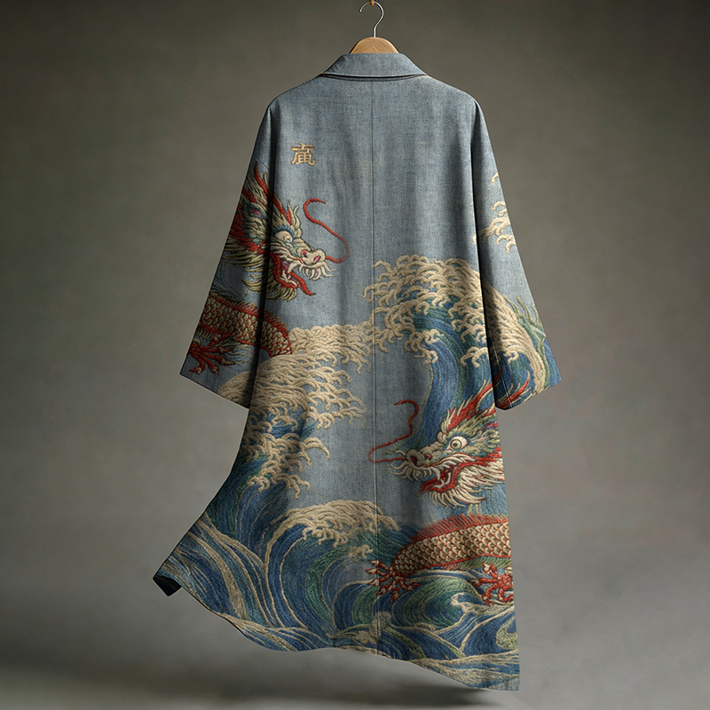 Men's Tribal Dragon Japanese Kyudo Print  Linen Long Kimono  artssus