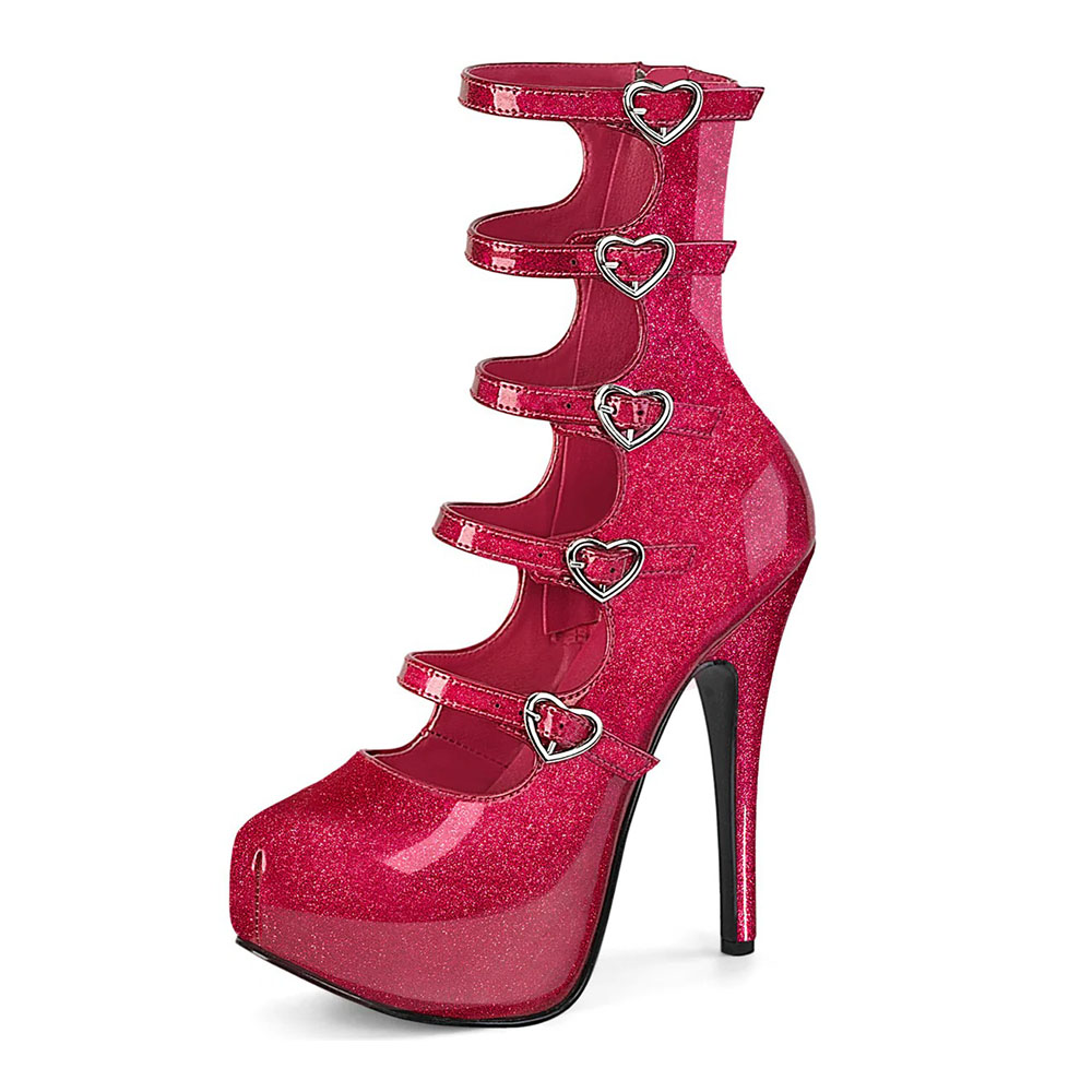 Cut Out Glitter Heart-Buckle Cut Out Zipper Platform Boots in Fuchsia Nicepairs