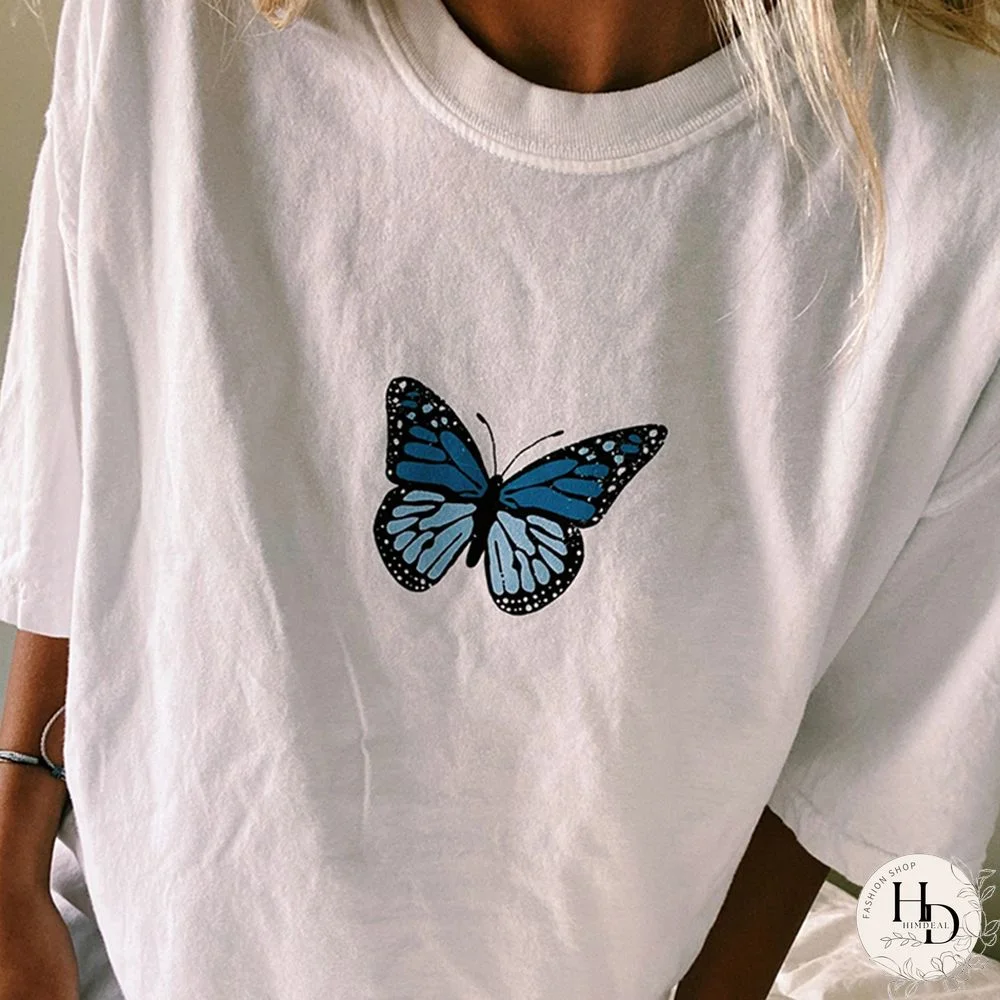 Casual Round Neck Short Sleeve Butterfly Print T-Shirt