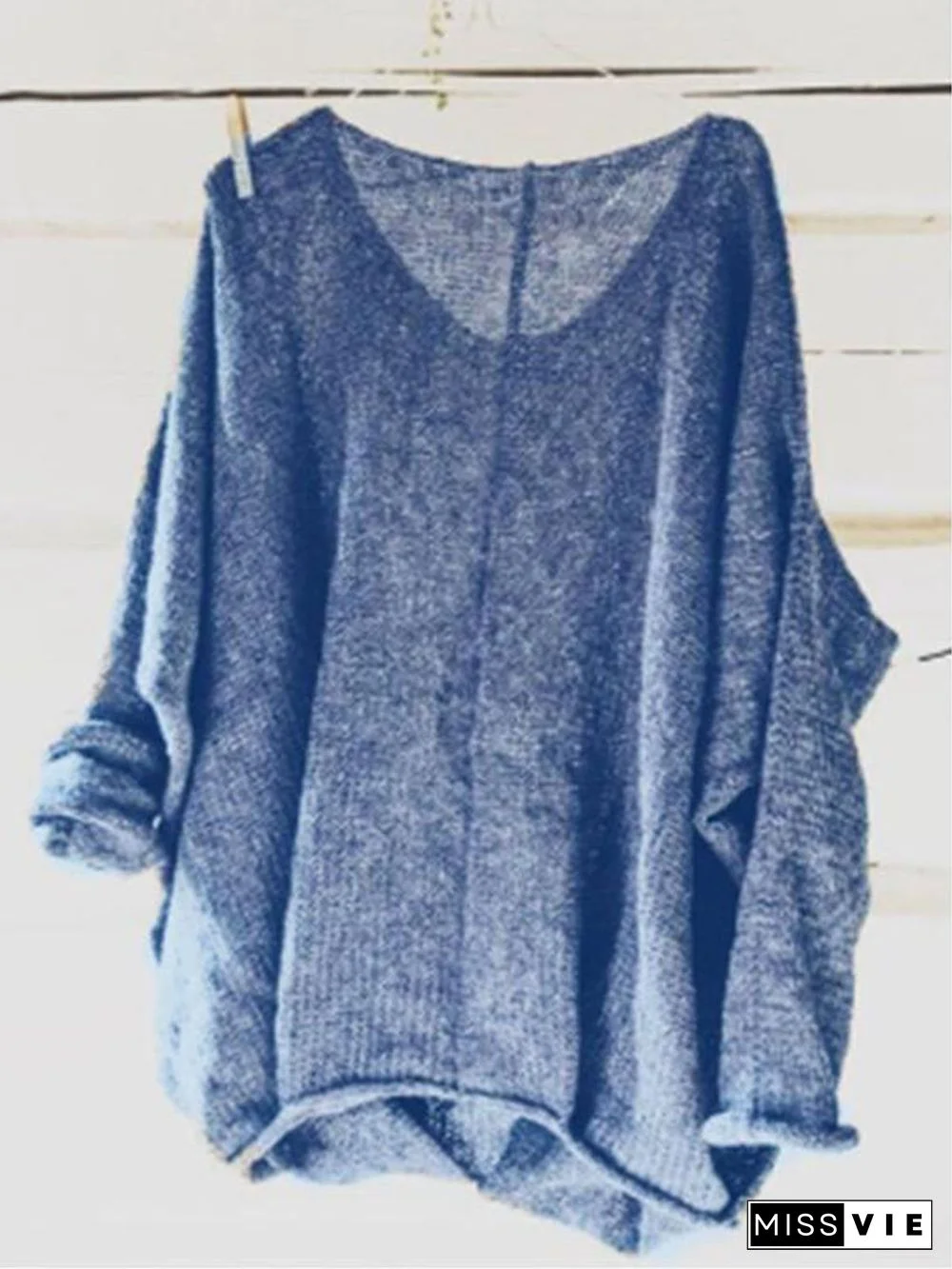 Casual Knitted Long Sleeve V neck Solid Blouse