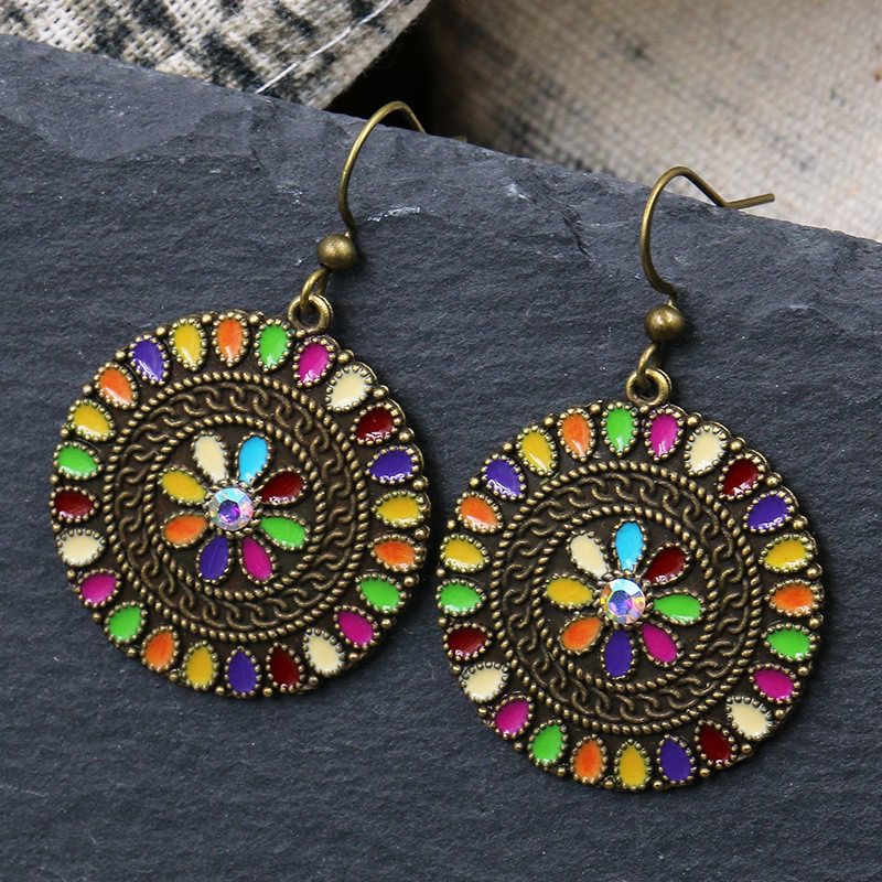 Alloy retro round colorful floral earrings