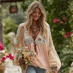 Women's Rose Floral Patchwork Casual Vacation Linen Blend Long-sleeve T-shirt - Image 2