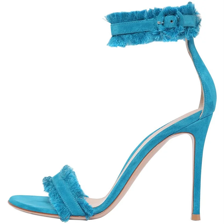Blue Fringe Vegan Suede Ankle Strap Sandals |FSJ Shoes