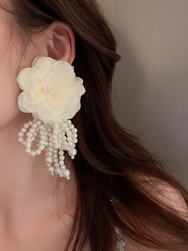 Tasseled Geometric Flower Shape Drop Earrings WHITE-One_size