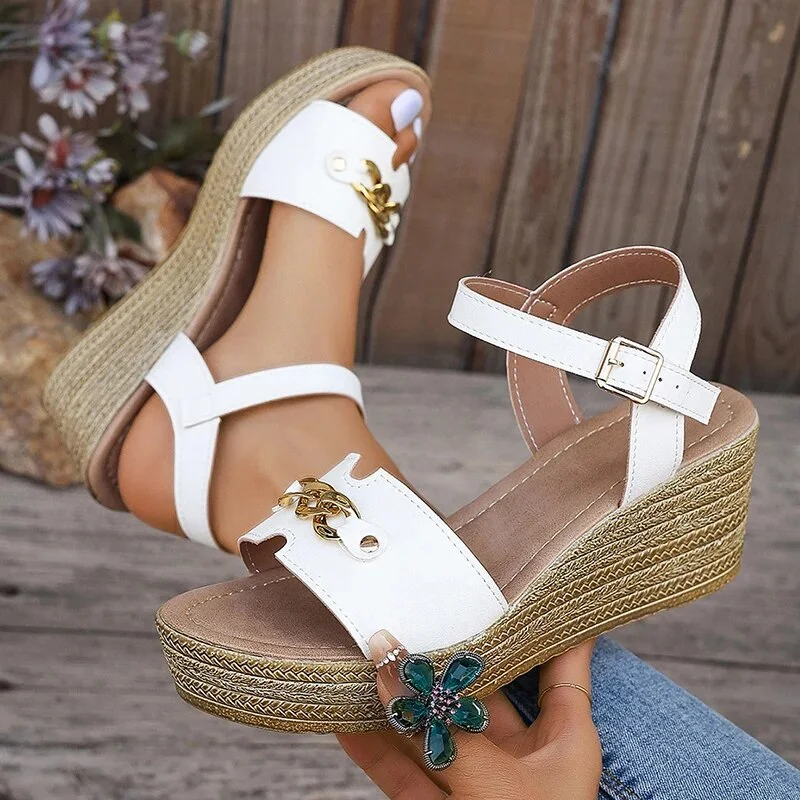 Qengg Ankle Buckle Wedge Sandals Woman 2024 Metal Chain Thick Sole Gladiator Shoes Woman Vintage Platform Sandles Female 41