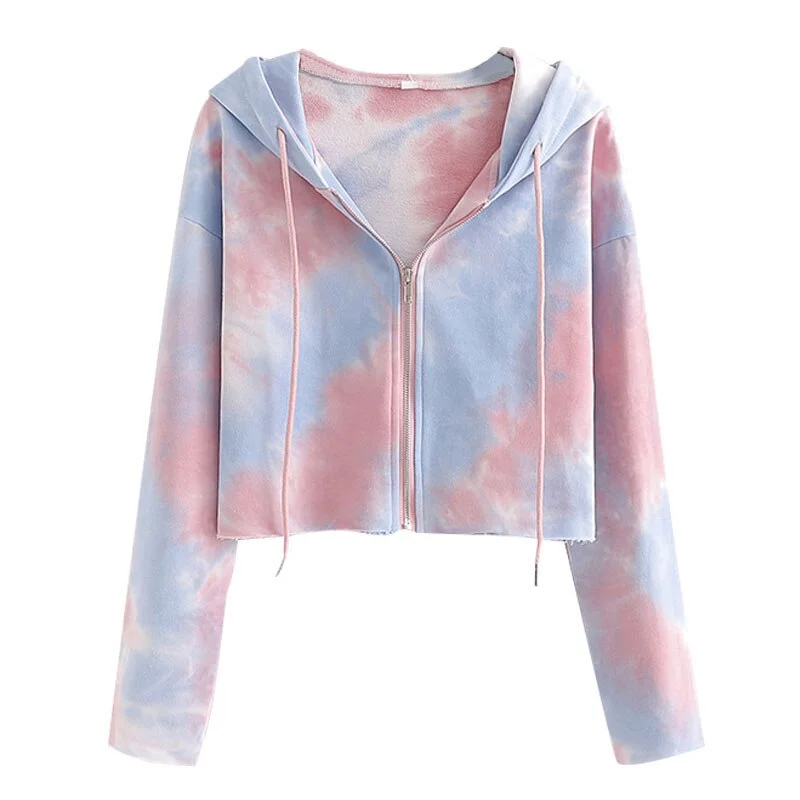 TRAF Women Fashion Tie-dye Print Zip-up Cropped Sweatshirts Vintage Hooded Long Sleeve Female Outerwear Chic Tops