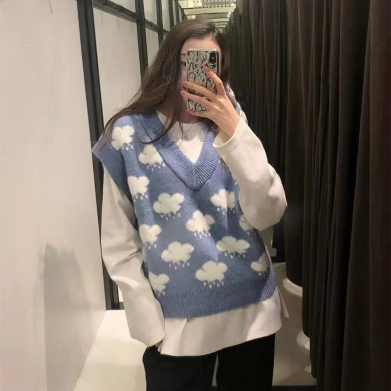 Sleeveless Cloud Print V-neck Sweaters Loose Knit Vest Top Winter Clothes Women Autumn Knitted Pullover Sweater Vest Women 15990