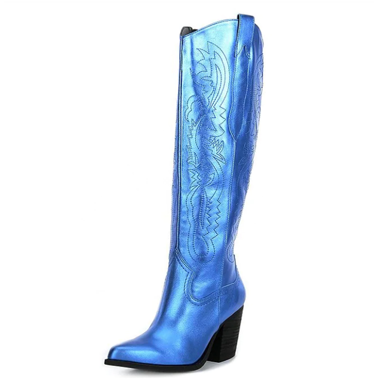 Women Pointed Toe Thick Heel Metallic Leather Western Cowboy Boots Bowknot Embroidery Knee-length Boot Botas Mujer