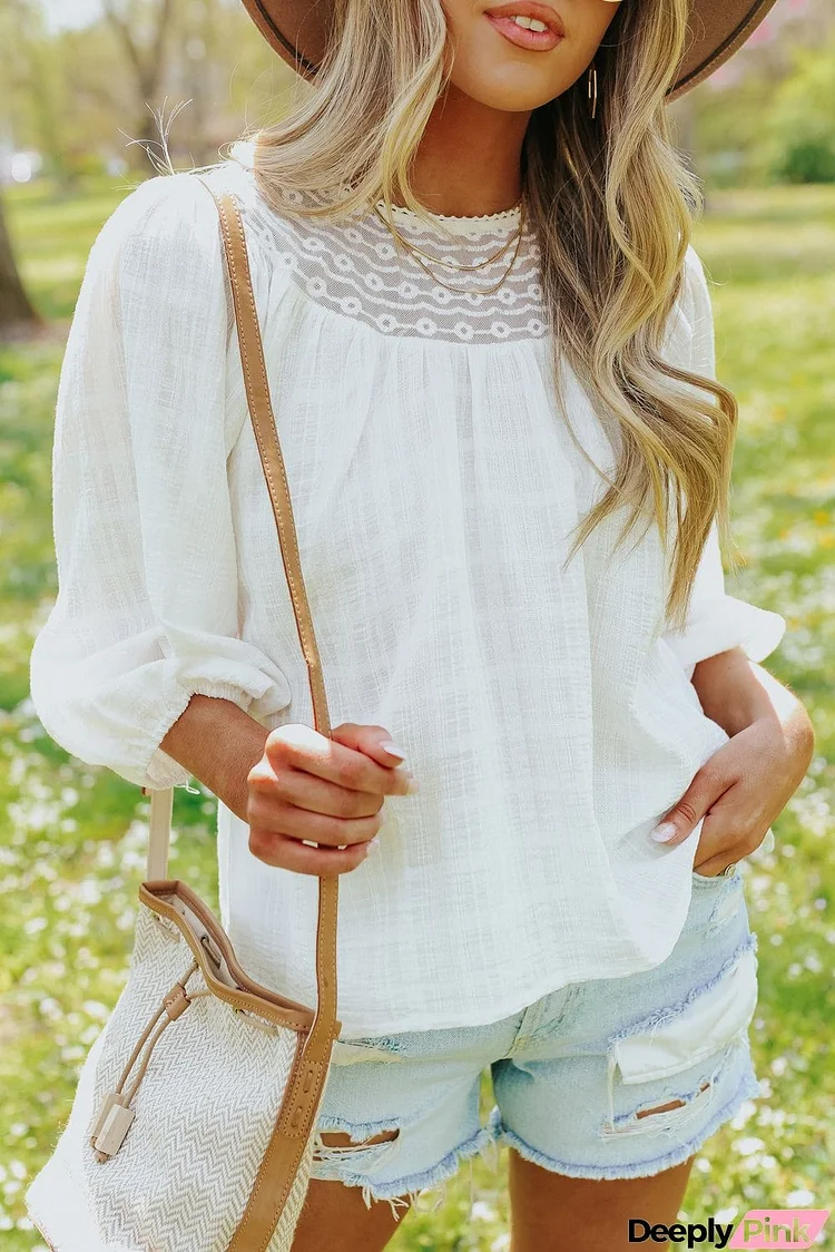 Textured Lace Contrast Ruched Blouse