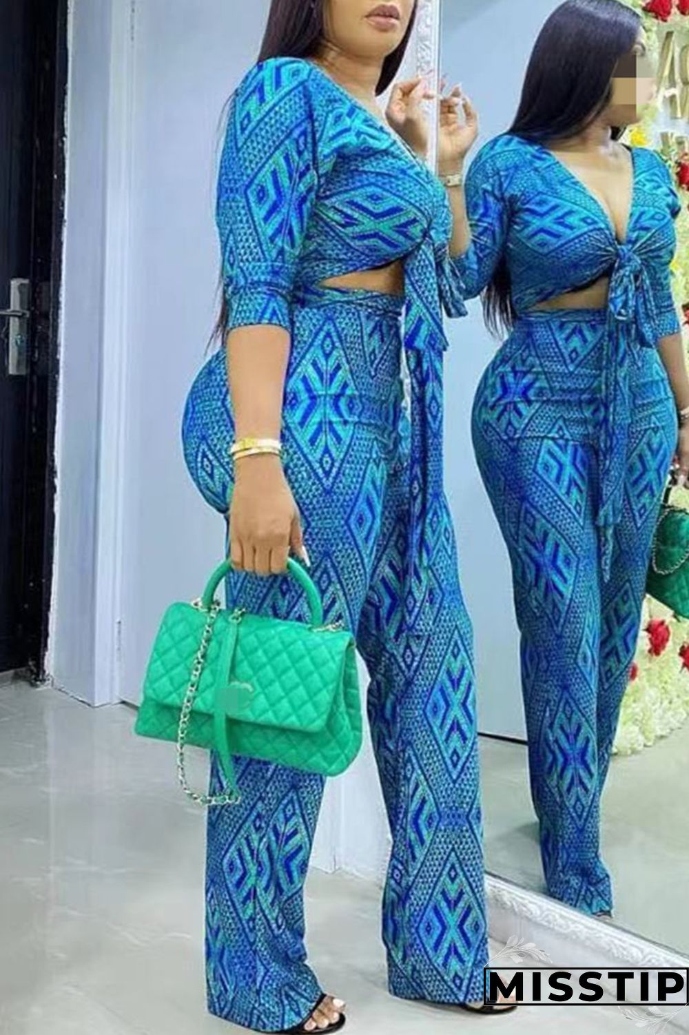 Blue Fashion Casual Print Bandage V Neck Long Sleeve Two Pieces