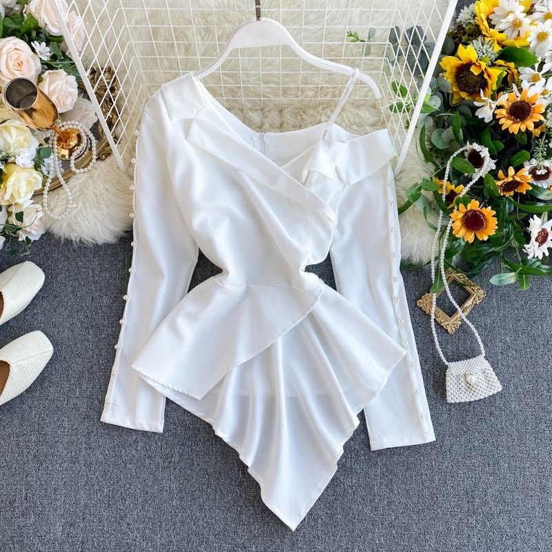 Women's Temperament Beaded Full Shirt Off-Shoulder Irregular Notched Office Lady Blusa Solid Tops Female Blouses ML670