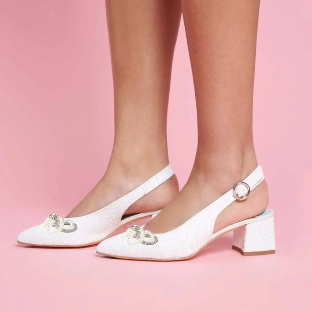 White Glitter High Heels Pointed Toe Rhinestone Heels Chunky Heels