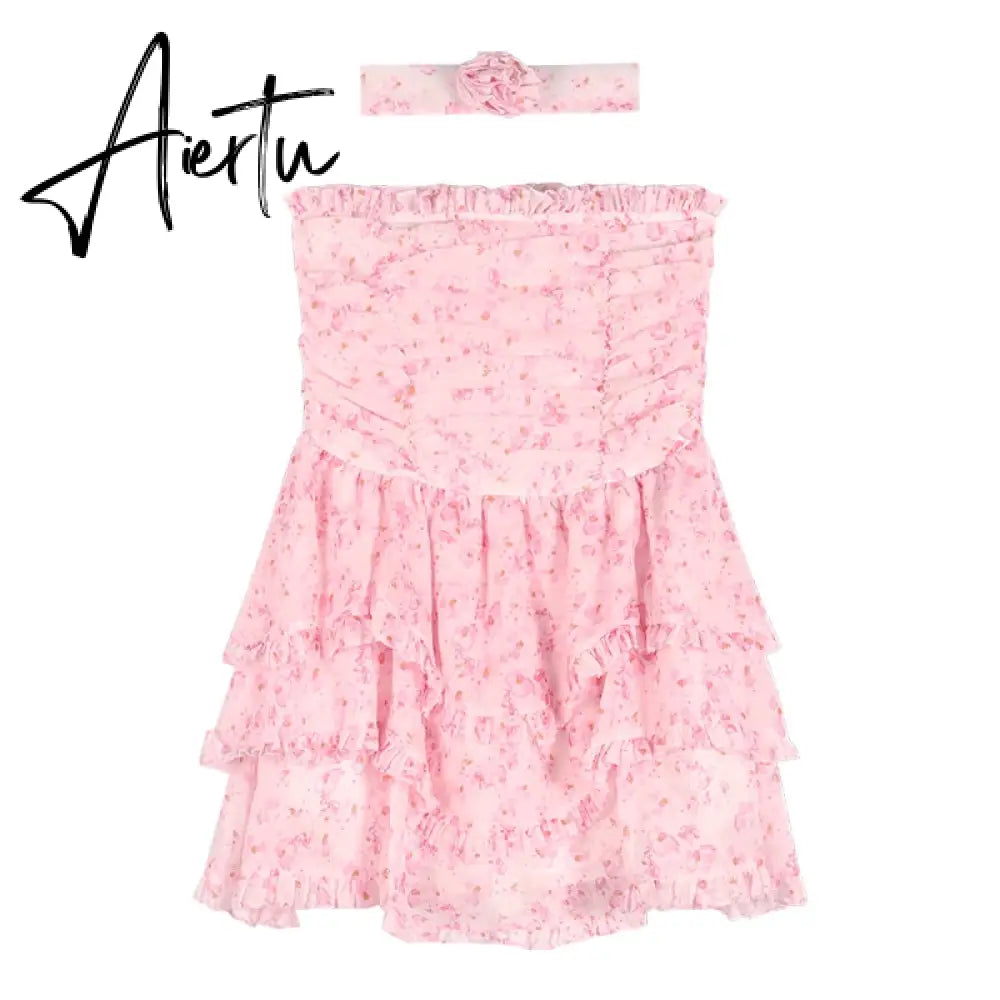 Wrapped Chest Floral Dress Women Summer French High Waist Holiday Dress  Puffy Bohemian Dress Irregular Sundress Femme Robe Aiertu